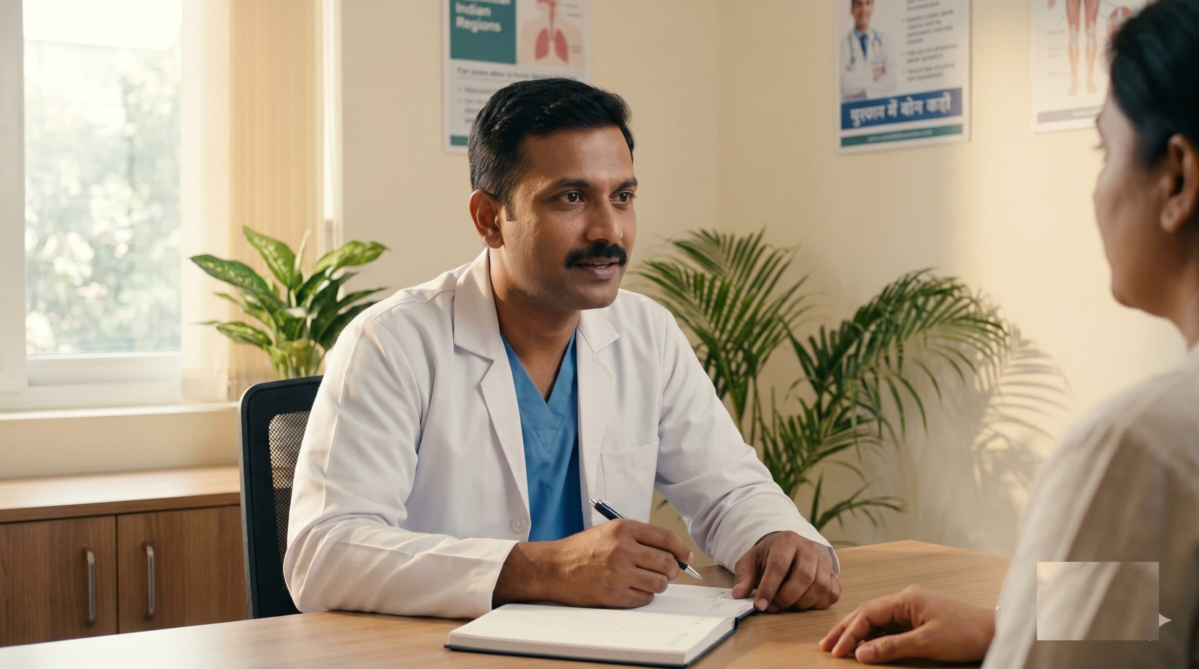 Indian doctor in white coat mid-consultation with a patient across a wooden desk in an Indian clinic