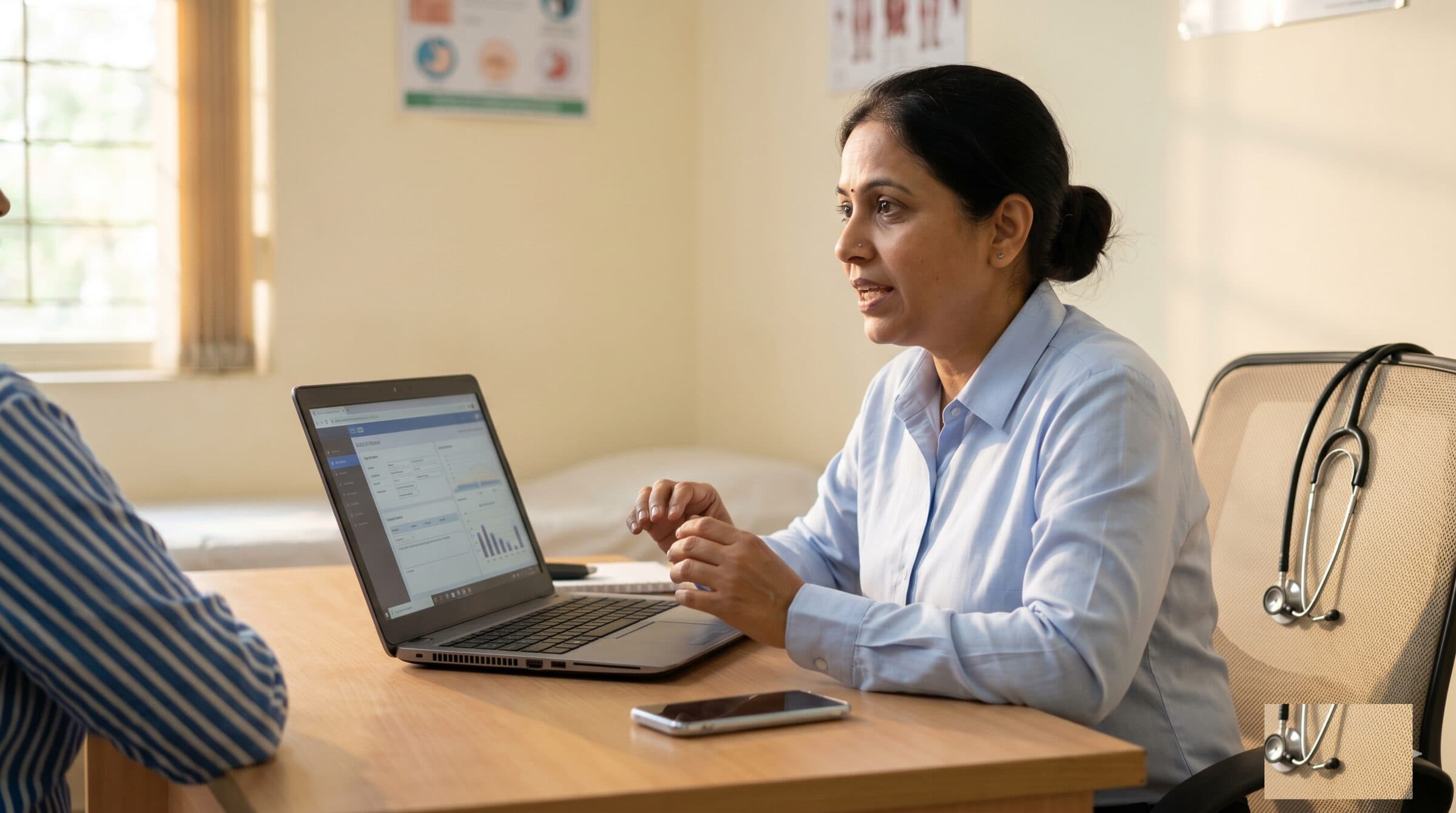 Indian doctor mid-consultation with a laptop and smartphone on the desk capturing the conversation