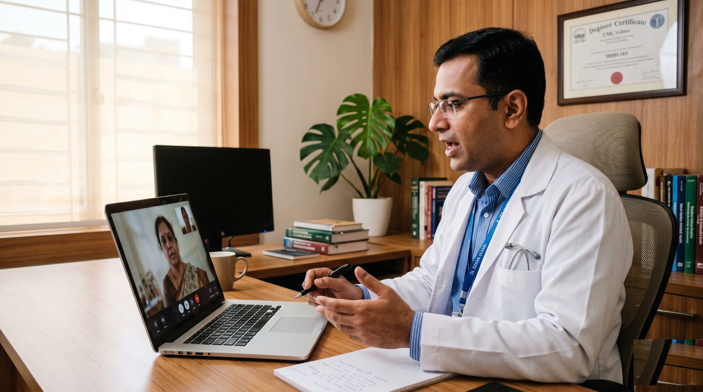 Indian doctor on a video consultation with a patient via laptop, in a clinic office